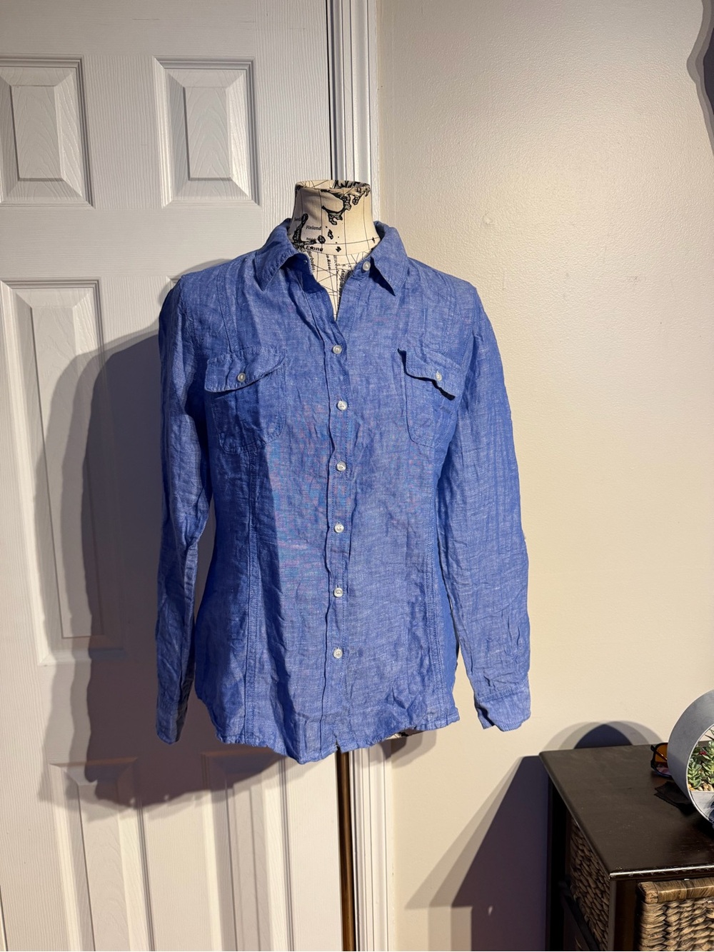 Dalia Collection Blue Linen-Cotton button-down Shirt Crosshatch Roll Tab Sleev M